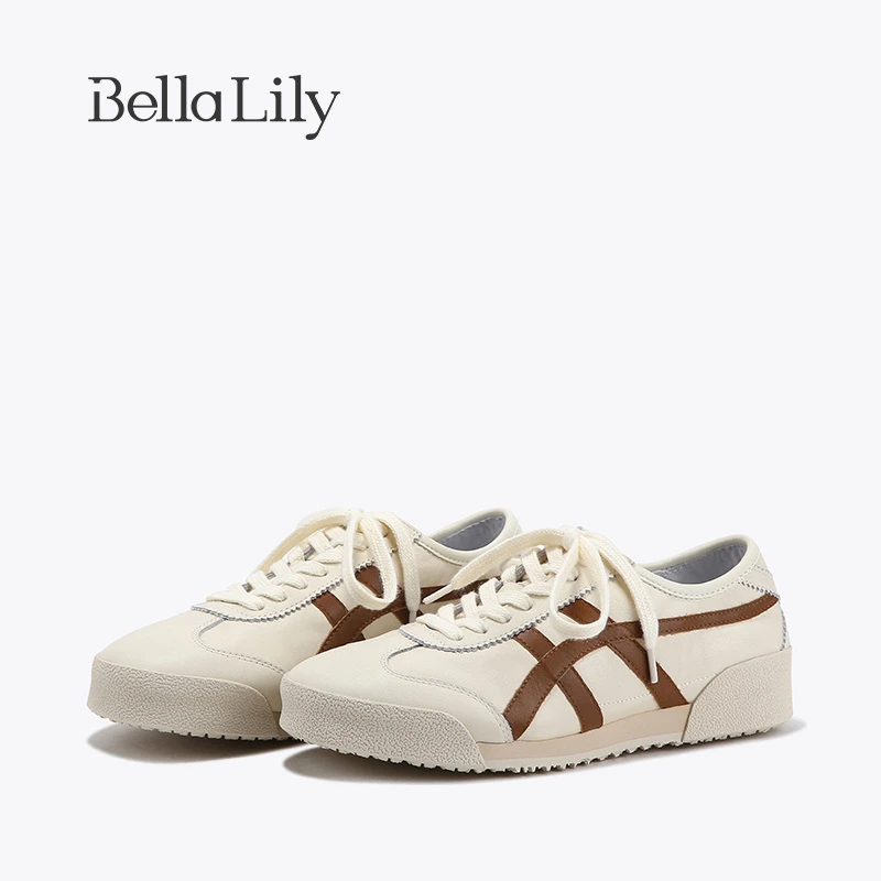 BellaLily夏新款轻便舒适德训鞋女透气牛皮休闲鞋显脚小板鞋