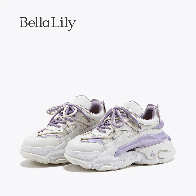 BellaLily2023春新款拼色绑带老爹鞋女轻便防滑运动鞋松糕休闲鞋