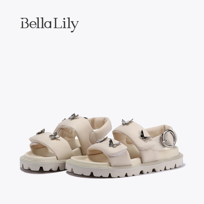 BellaLily2023夏新款魔术贴蝴蝶凉鞋女仙女风罗马鞋踩屎感沙滩鞋