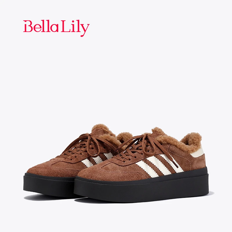 BellaLily2023冬季新款厚底加绒德训鞋女增高舒适板鞋潮流休闲鞋
