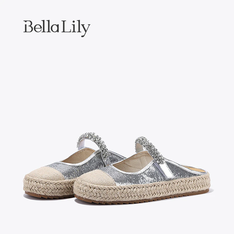 BellaLily2023夏新款麻绳半包拖鞋女水钻亮片玛丽珍鞋无后跟板鞋