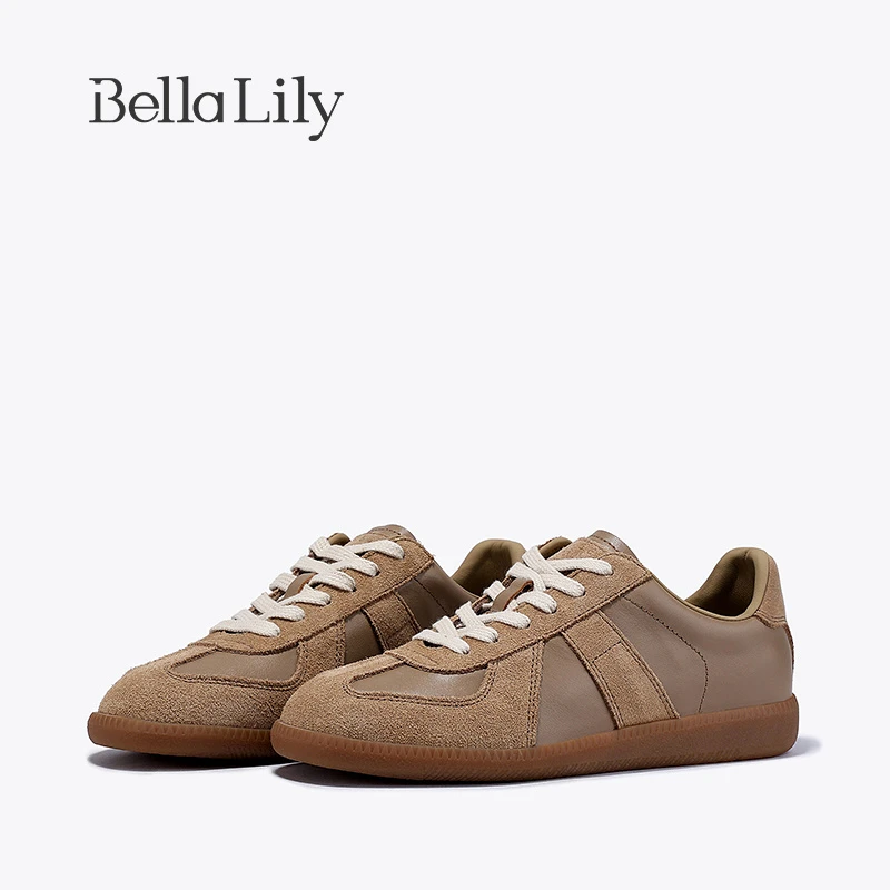 BellaLily2023冬季新款美拉德牛皮德训鞋女软底板鞋舒适平底鞋子