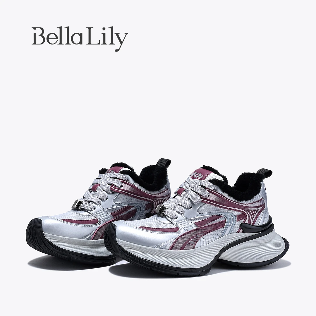 BellaLily2024秋季新款拼接线条加绒加厚老爹鞋女厚底潮流休闲鞋