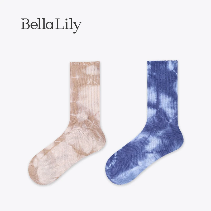 BellaLily初秋无骨扎染潮流棉袜女街头风中筒袜休闲袜子