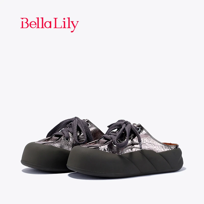BellaLily2024春季新款外穿牛皮半包拖鞋女增高休闲鞋无后跟板鞋