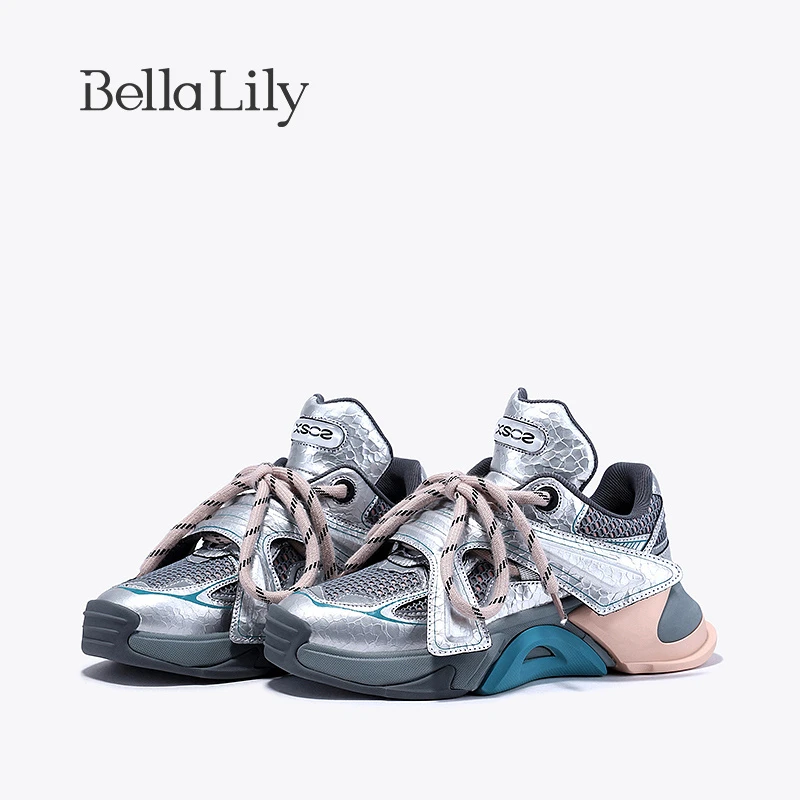 BellaLily2023秋季新款拼色增高老爹鞋女透气运动鞋时尚休闲鞋子