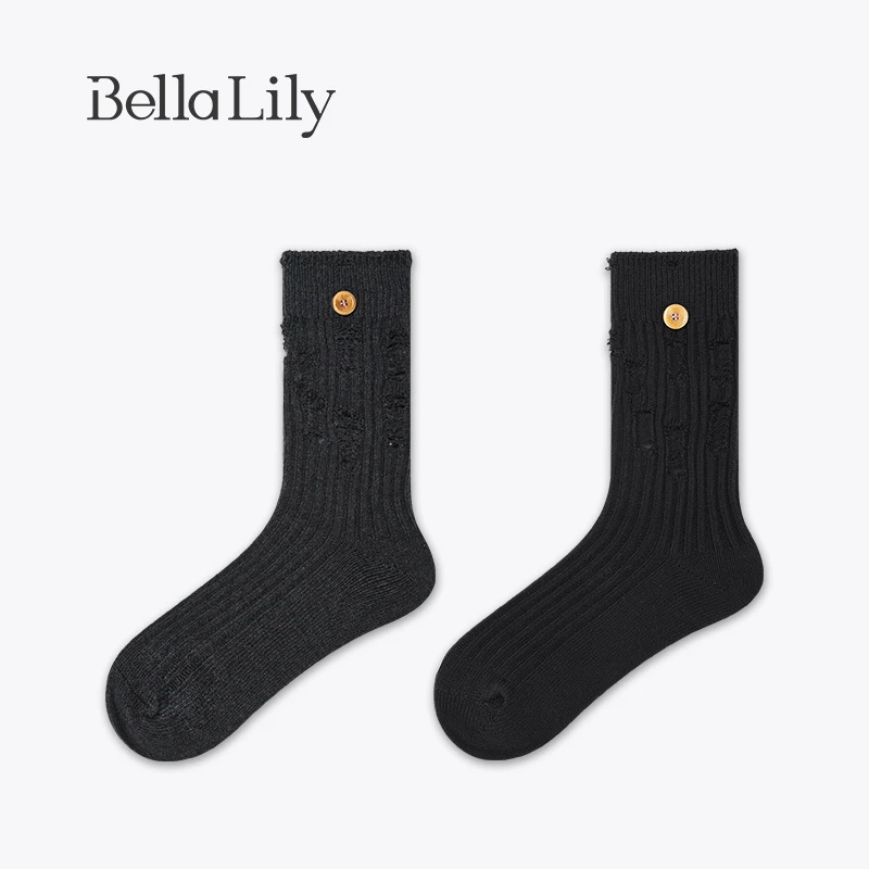 BellaLily舒适无骨破洞潮流中筒袜女百搭透气棉袜休闲袜