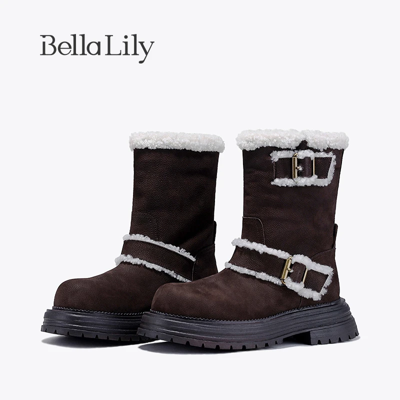 BellaLily2023冬季新款羊毛时尚雪地靴女牛皮中筒棉靴加绒时装靴