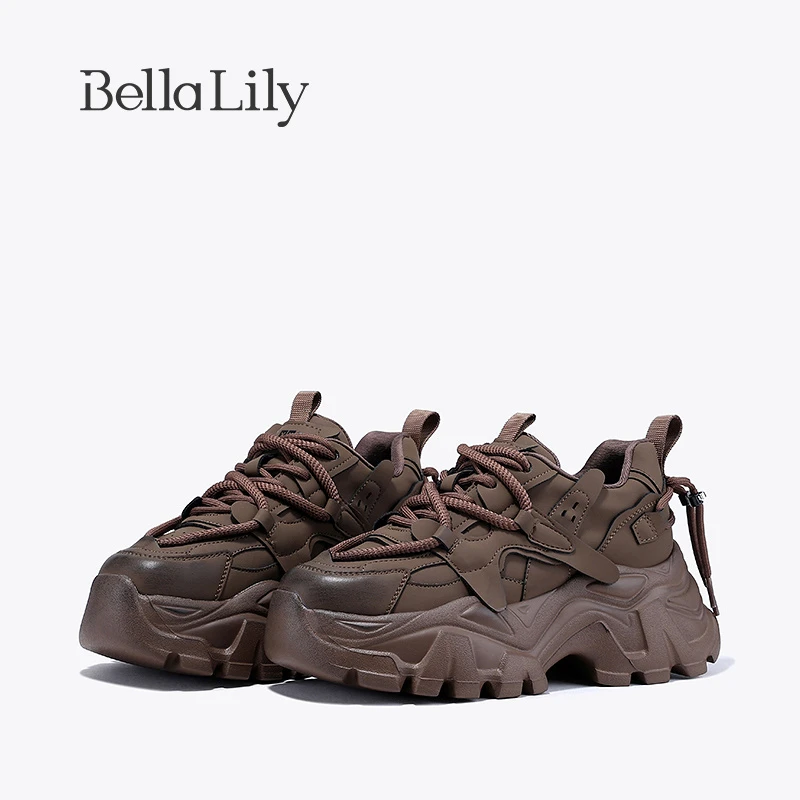 BellaLily2023冬季新款牛皮增高老爹鞋女减龄松糕鞋潮流休闲鞋子