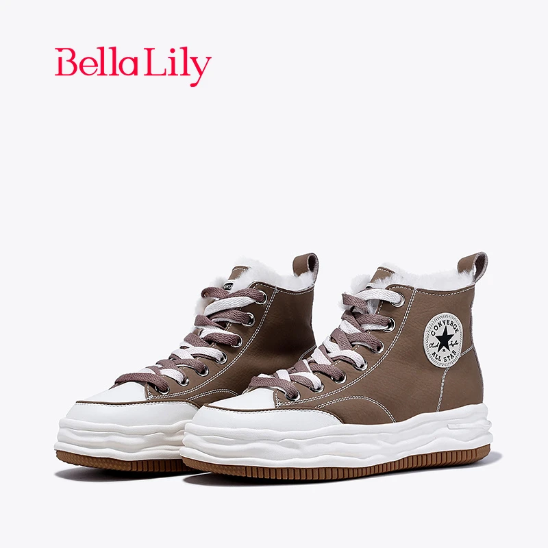 BellaLily2023冬季新款增高加绒高帮鞋女厚底保暖板鞋街头溶解鞋