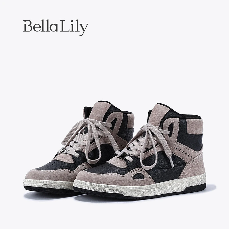 BellaLily2023早秋新款拼色做旧高帮鞋女街头风板鞋牛皮脏脏鞋子