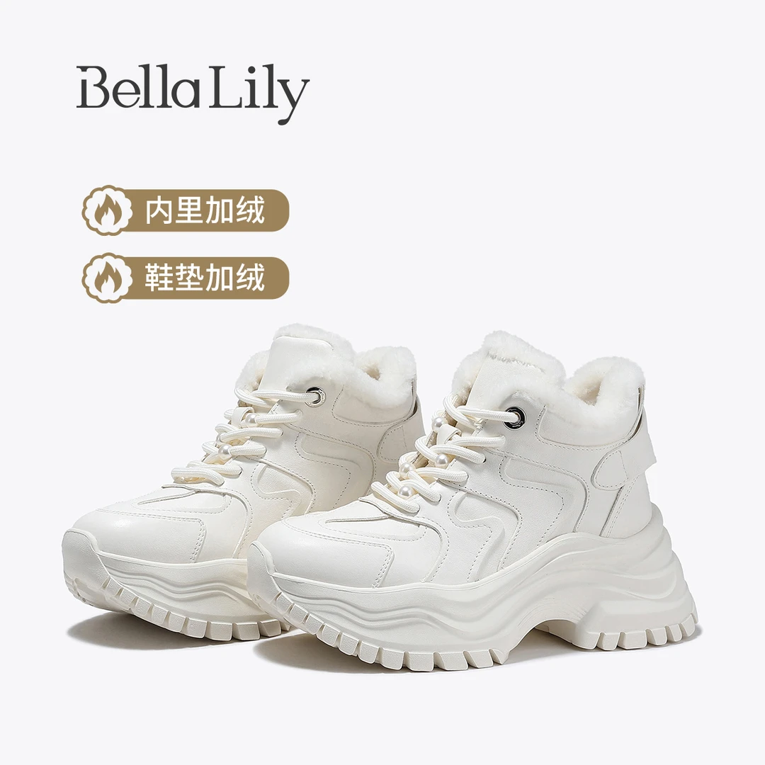 BellaLily2024年冬款时尚加绒小白鞋女厚底高帮鞋保暖休闲板鞋子