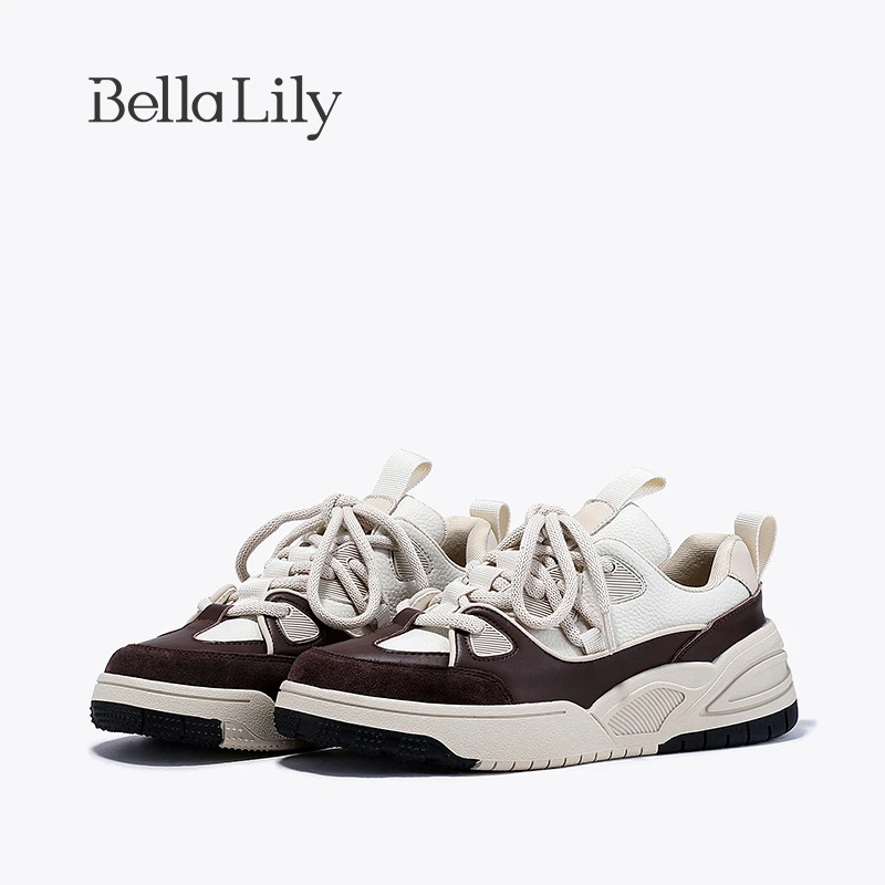 BellaLily2023冬季新款牛皮拼色板鞋女增高减龄德训鞋潮流休闲鞋