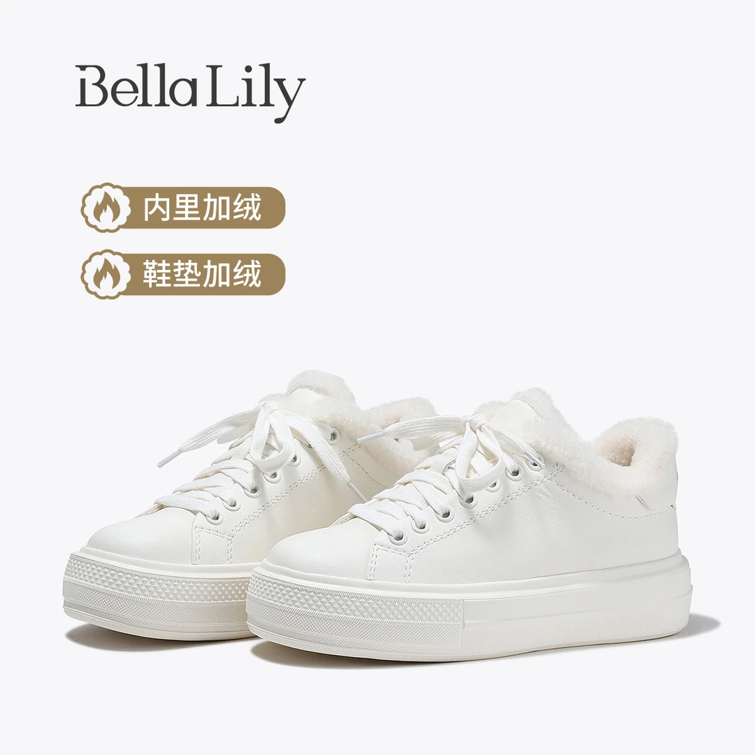 BellaLily2024冬款时尚百搭小白鞋女加绒保暖休闲板鞋厚底松糕鞋