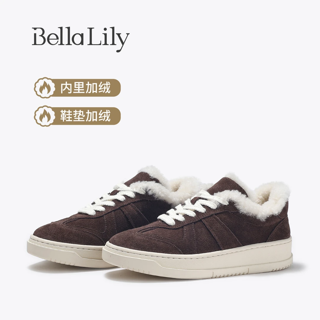 BellaLily冬款加绒保暖板鞋厚底时尚休闲鞋女复古毛毛棉鞋