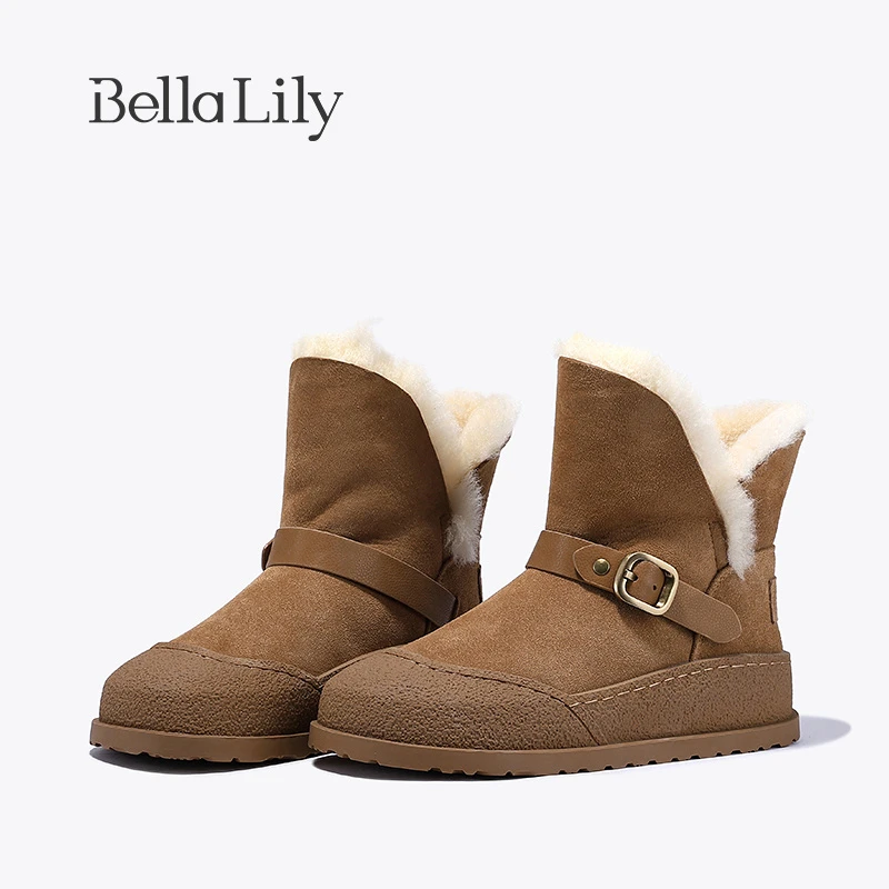 BellaLily2023冬季新款加绒雪地靴女羊皮毛一体中筒靴保暖时装靴