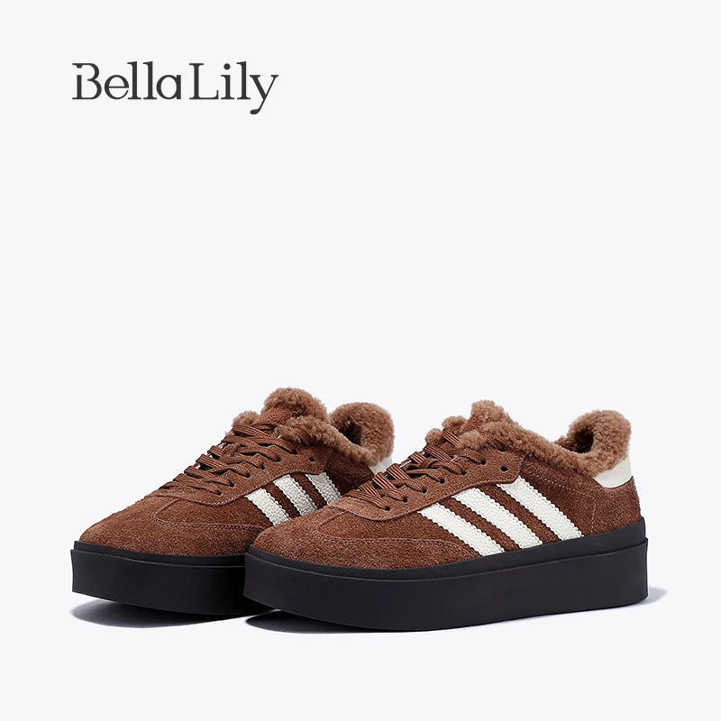 BellaLily2023冬季新款牛皮羊毛板鞋女保暖时尚加绒鞋增高德训鞋