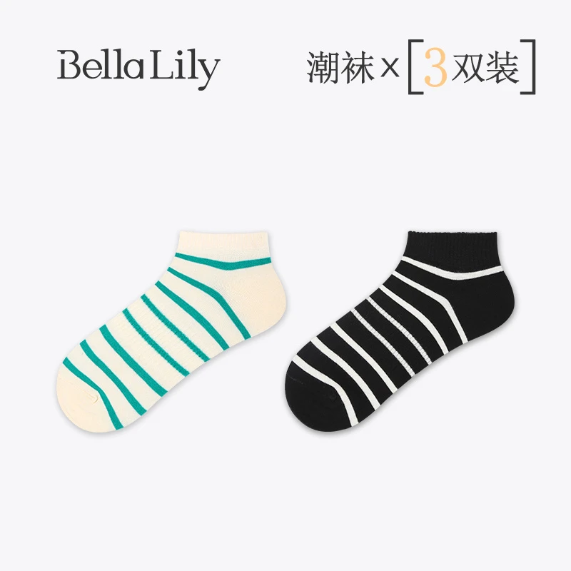 【3双装】BellaLily无骨亲肤条纹短袜女休闲袜吸汗棉袜