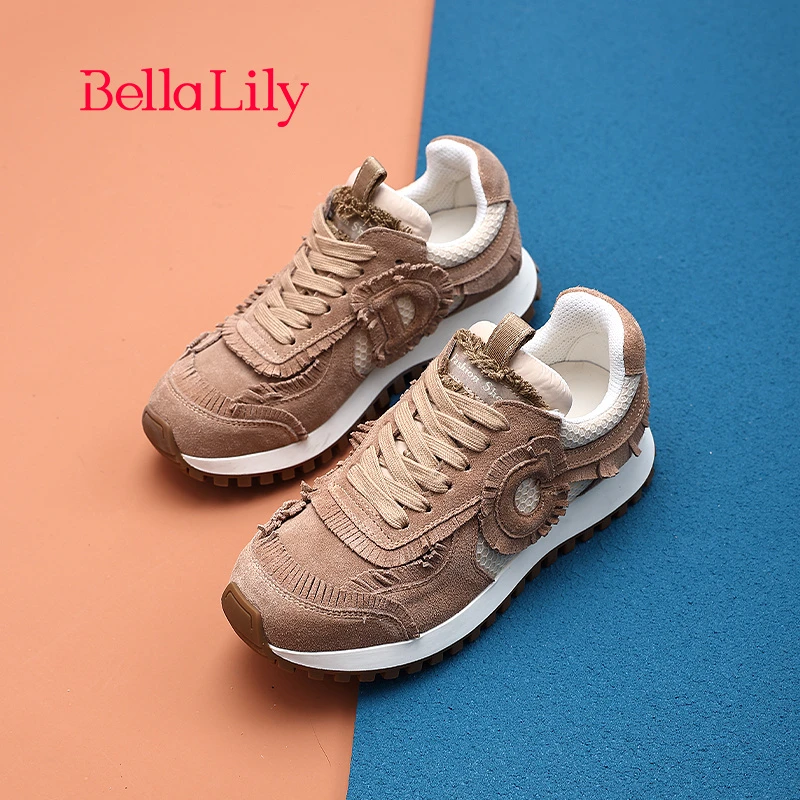 BellaLily2024春季新款流苏阿甘休闲鞋女牛皮老爹鞋运动华夫鞋子