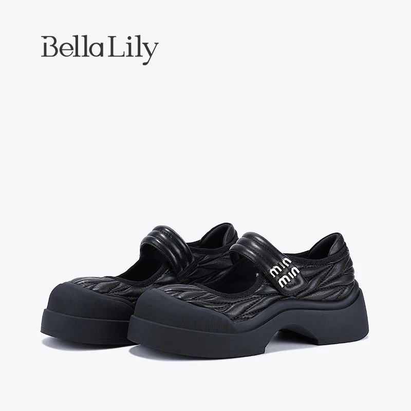 BellaLily2023早秋新款魔术贴褶皱玛丽珍鞋女羊皮单鞋气质休闲鞋
