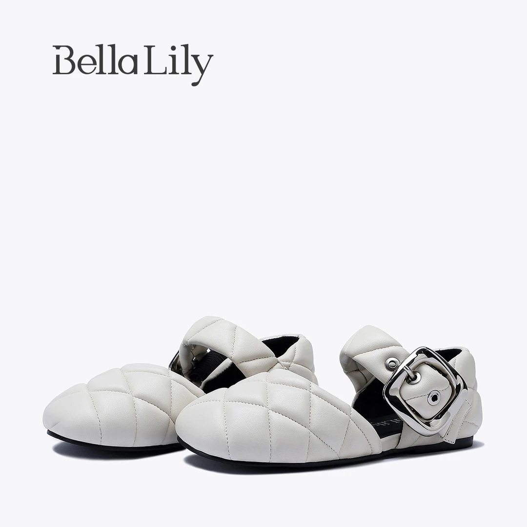BellaLily2024夏季新款温柔小香风玛丽珍鞋女菱格单鞋羊皮平底鞋