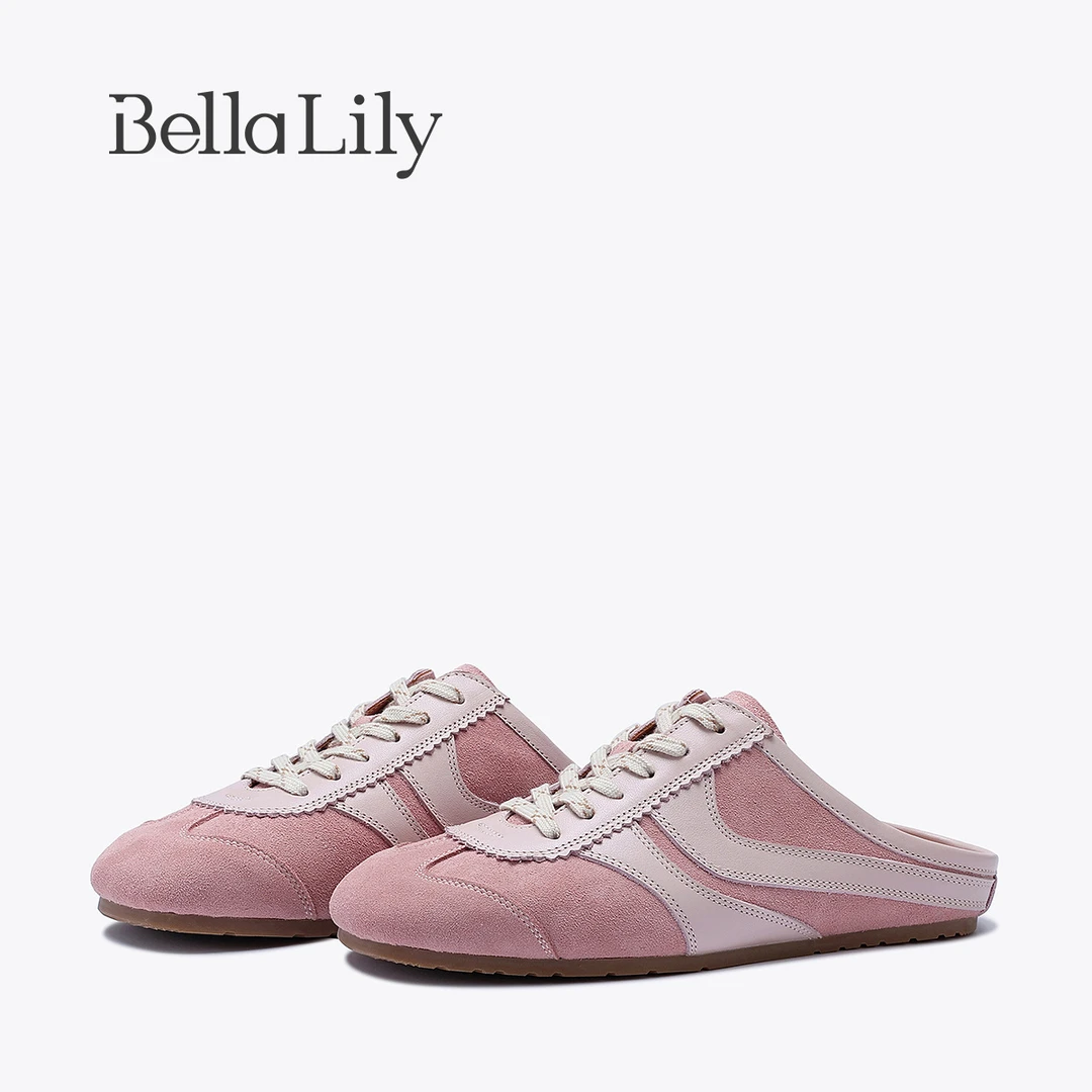 BellaLily2024夏季新款外穿半包拖鞋女一脚蹬德训鞋牛皮平底鞋子