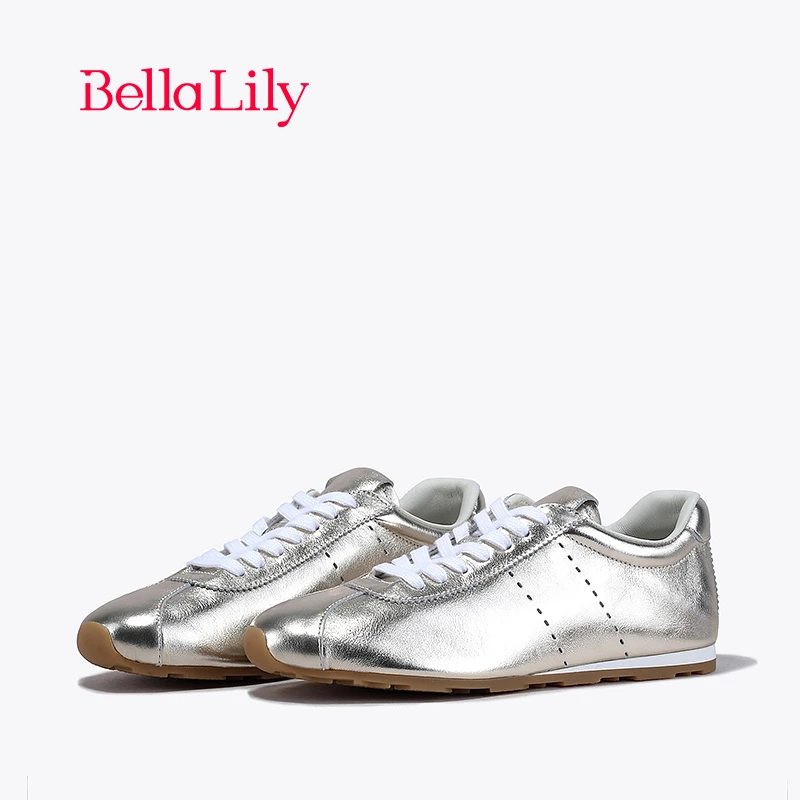 BellaLily2024春季新款软底牛皮德训鞋女潮流低帮平底鞋百搭板鞋