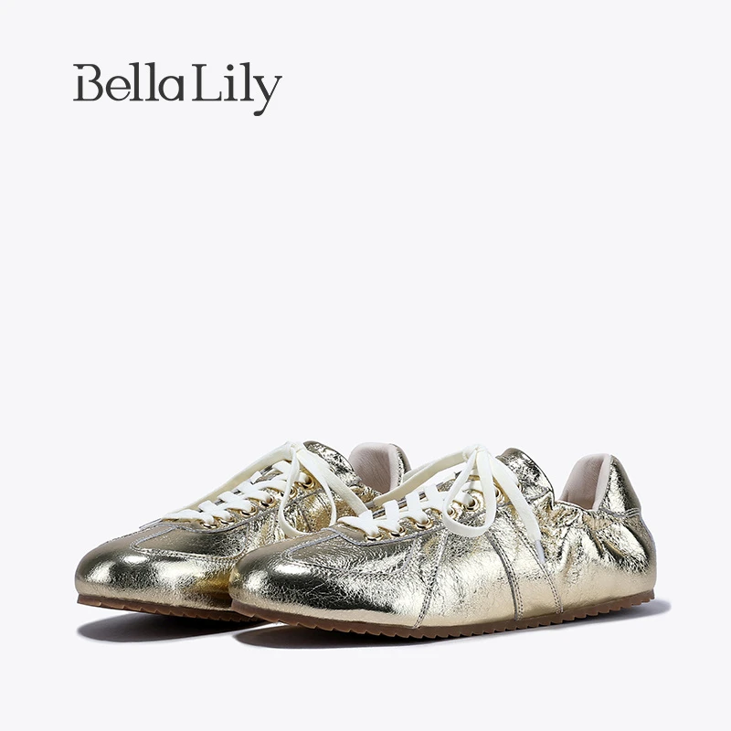 BellaLily2023冬季新款牛皮潮流平底鞋女显脚小德训鞋软底板鞋子