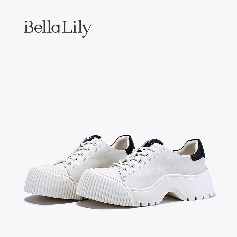 BellaLily2023秋季新款增高牛皮大头鞋女欧美休闲鞋厚底小白鞋子