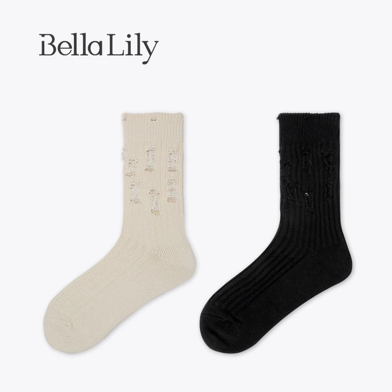 BellaLily个性潮流破洞袜女纯色无骨女袜子休闲时尚中筒潮袜