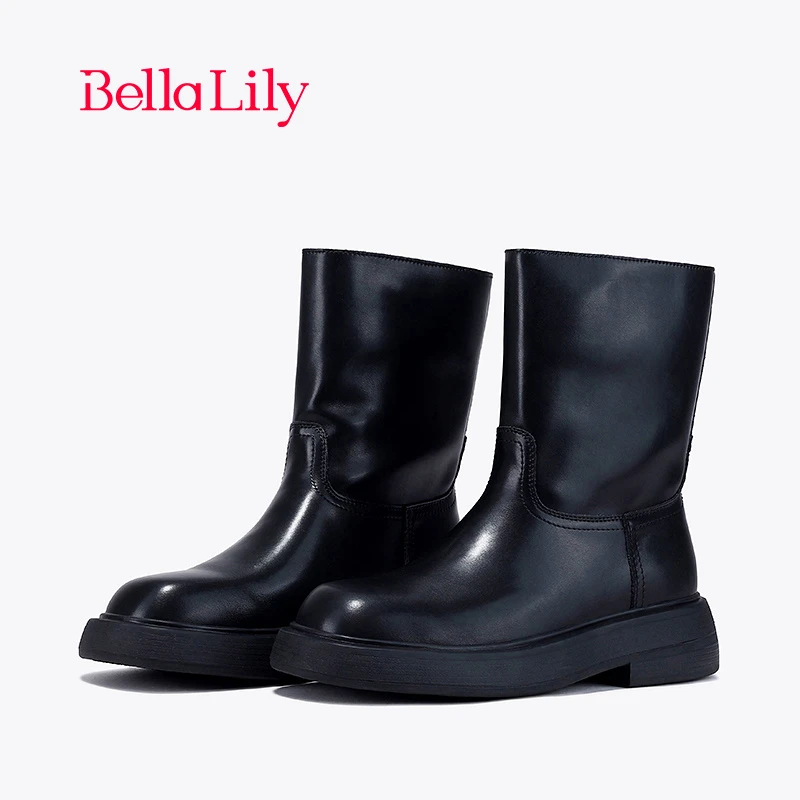 BellaLily2023冬季新款简约气质中筒靴女百搭瘦瘦靴厚底时装靴子
