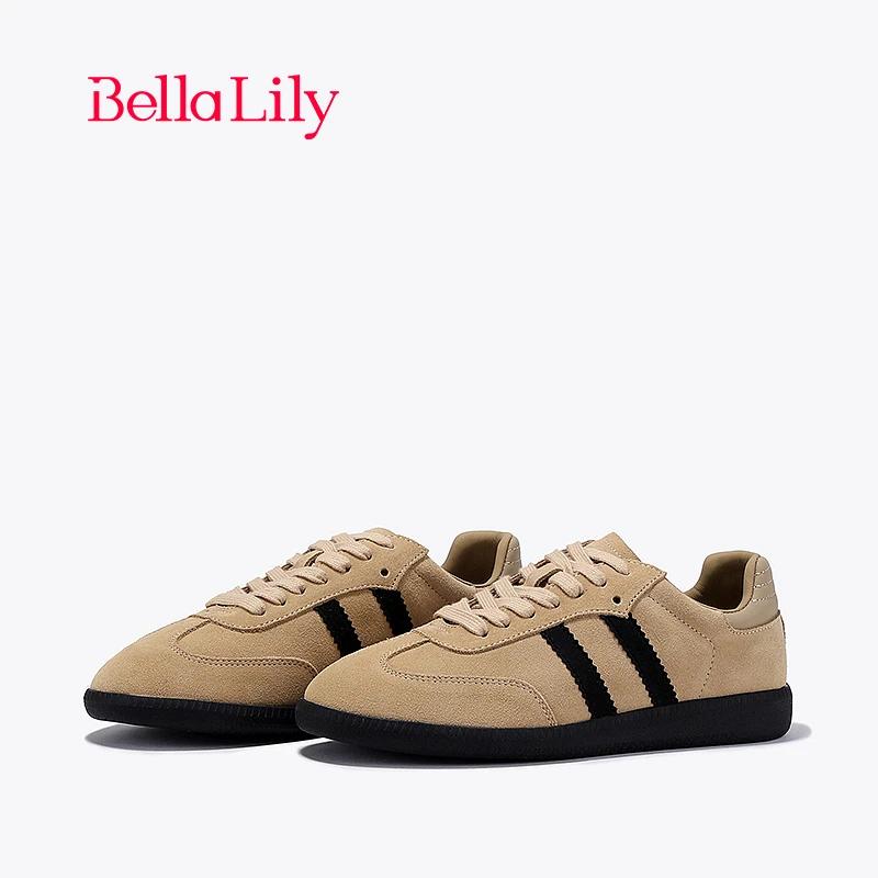 BellaLily2023初秋新款平底牛皮德训鞋女系带板鞋复古风休闲鞋子