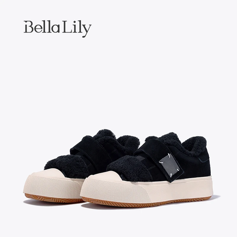 BellaLily2023冬魔术贴保暖毛毛鞋女复古厚底休闲鞋牛皮加绒板鞋