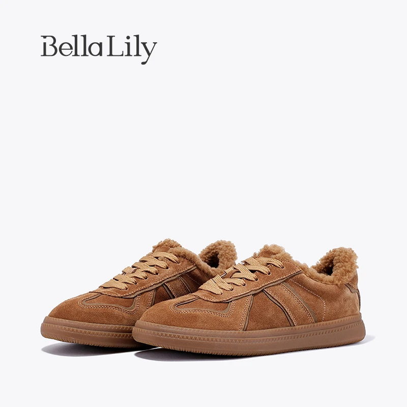 BellaLily2023冬季新款加绒羊毛德训鞋女平底时尚板鞋经典休闲鞋