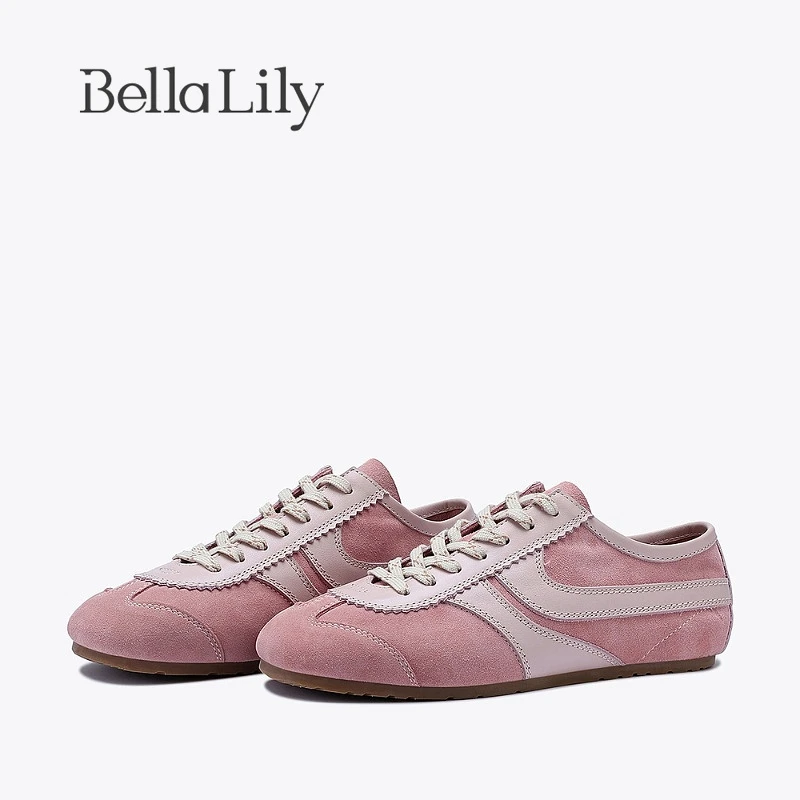 BellaLily春季新款粉色牛皮德训鞋女百搭软底板鞋休闲平底鞋