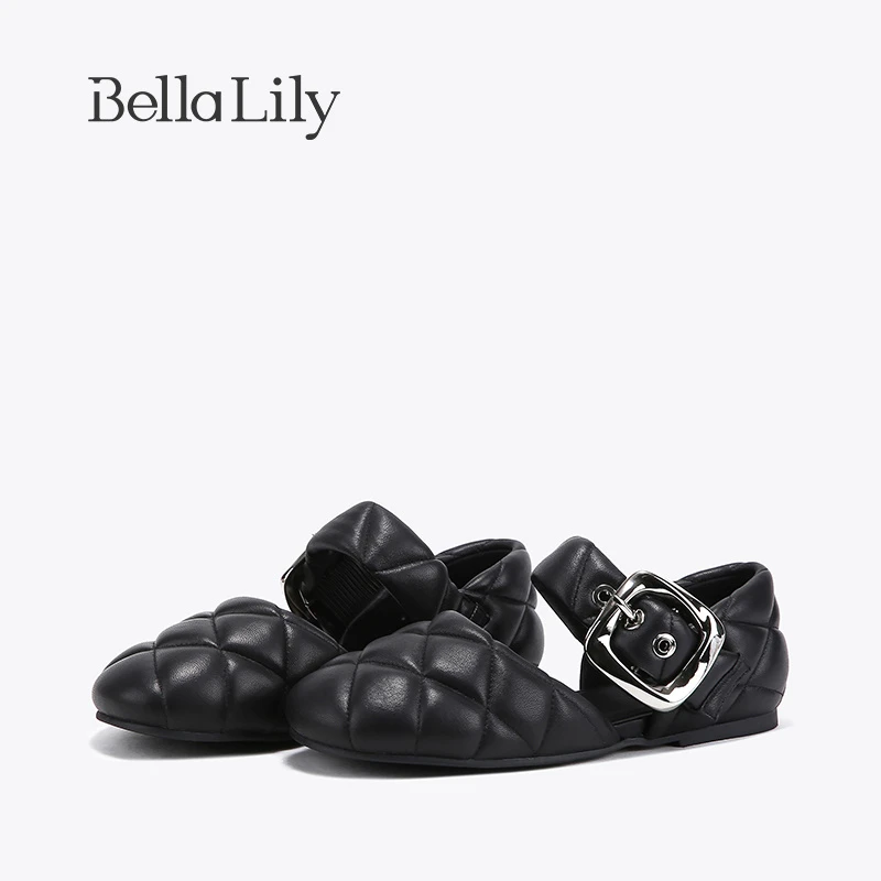 BellaLily2024春新款菱格面包凉鞋女一字扣玛丽珍单鞋气质平底鞋