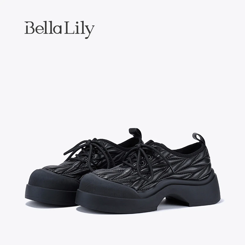 BellaLily2023早秋新款增高褶皱小皮鞋女透气羊皮单鞋减龄休闲鞋