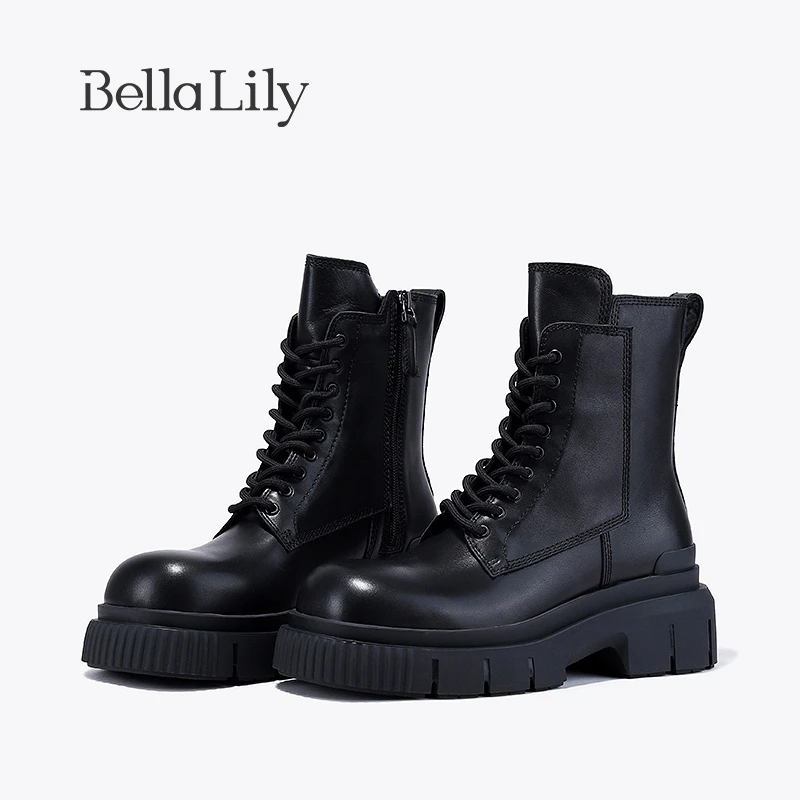 BellaLily2023冬季新款牛皮增高马丁靴女舒适中筒靴英伦机车靴子
