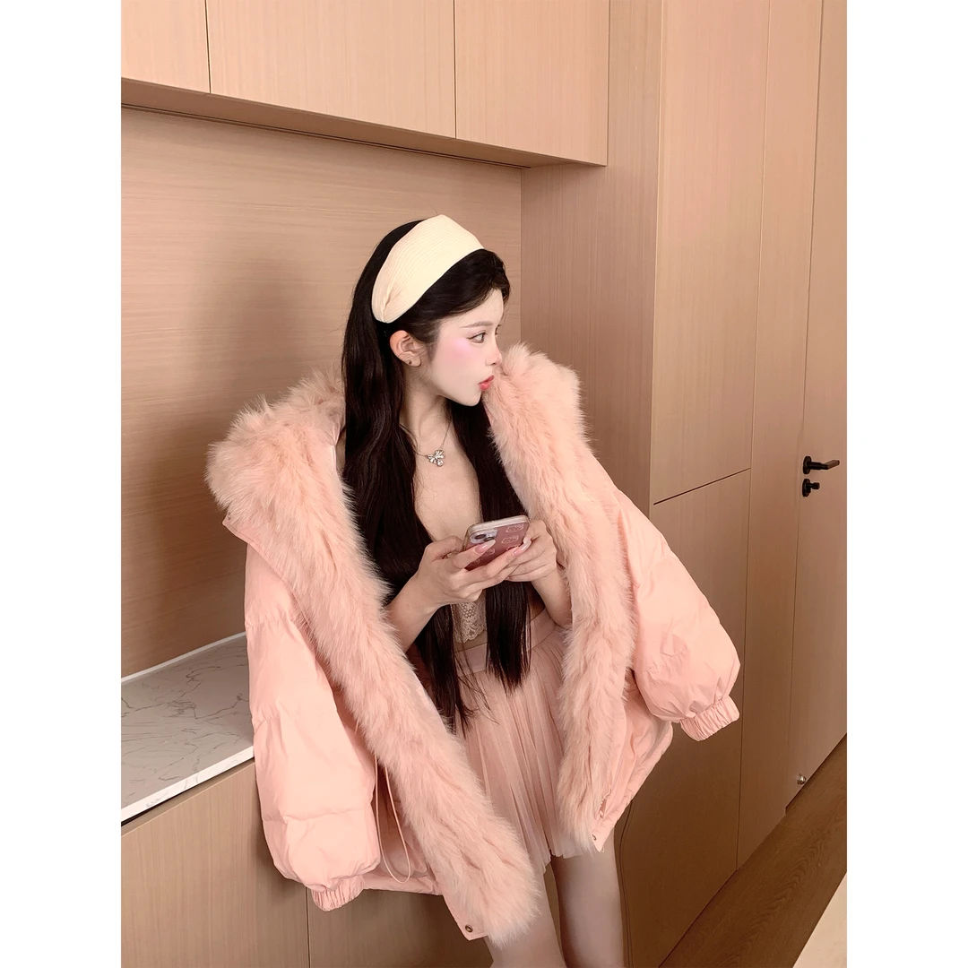 天鹅er 【狐狸毛领羽绒服】狐狸毛领羽绒服修身短款时尚E24N3762