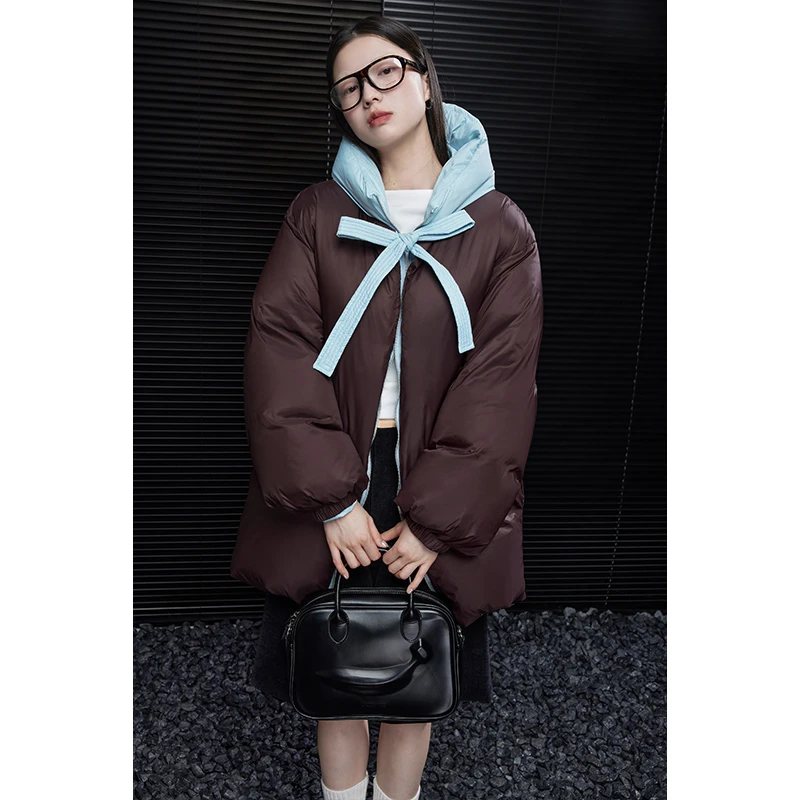 moment红棕撞色连帽羽绒服外套女2025冬季新款设计感超好看小众