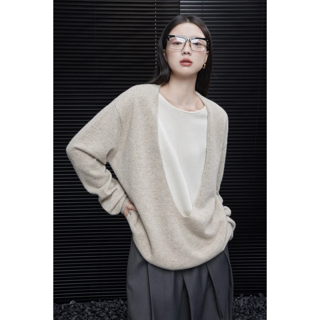 moment燕麦色假两件羊毛毛衣女2025秋冬季新款宽松慵懒风独特别致