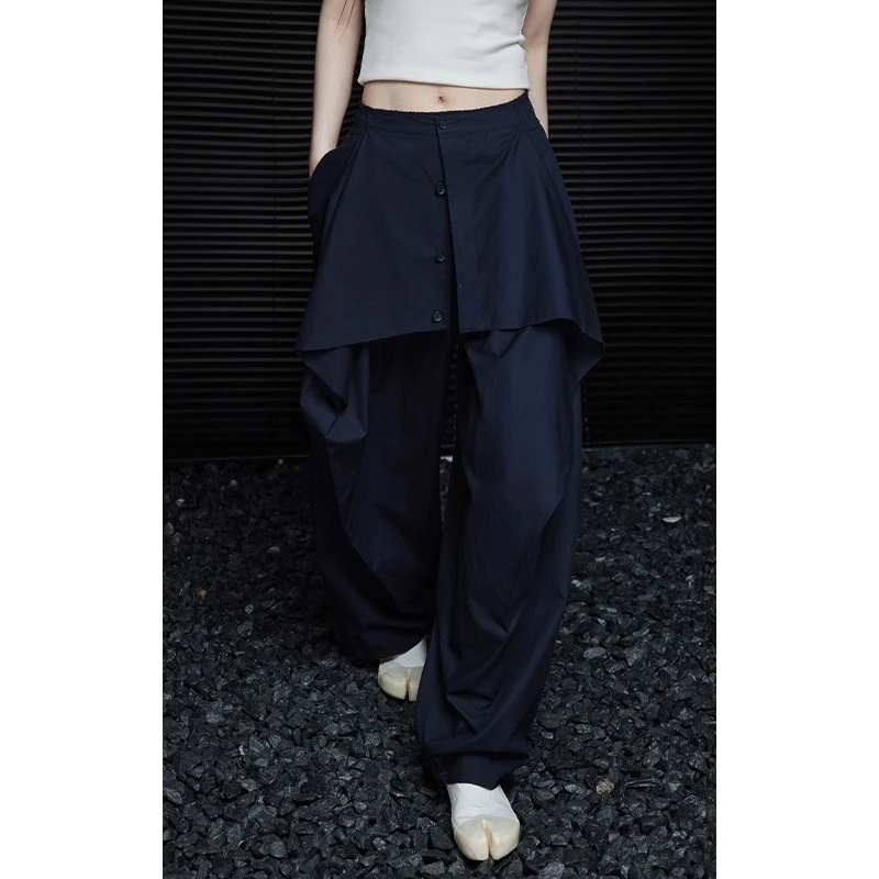 moment藏青色阔腿裤女2025新款春夏季宽松高腰垂感休闲小众设计感