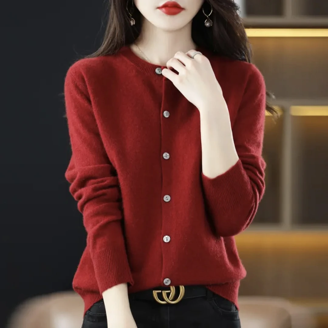 鄂尔多斯市毛羊开衫针织开衫圆领红色毛衣长袖纯色百搭外套女上衣