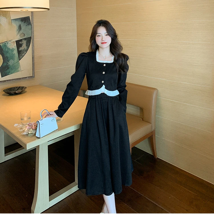 荷叶边长袖上衣+半身裙女秋季新款时尚大码女装气质两件套连衣裙