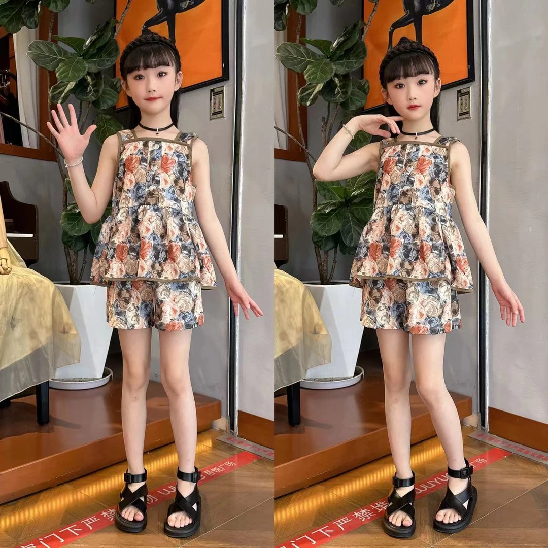 2025夏季薄款儿童吊带两件套透气时尚洋气女童网红休闲套装新款