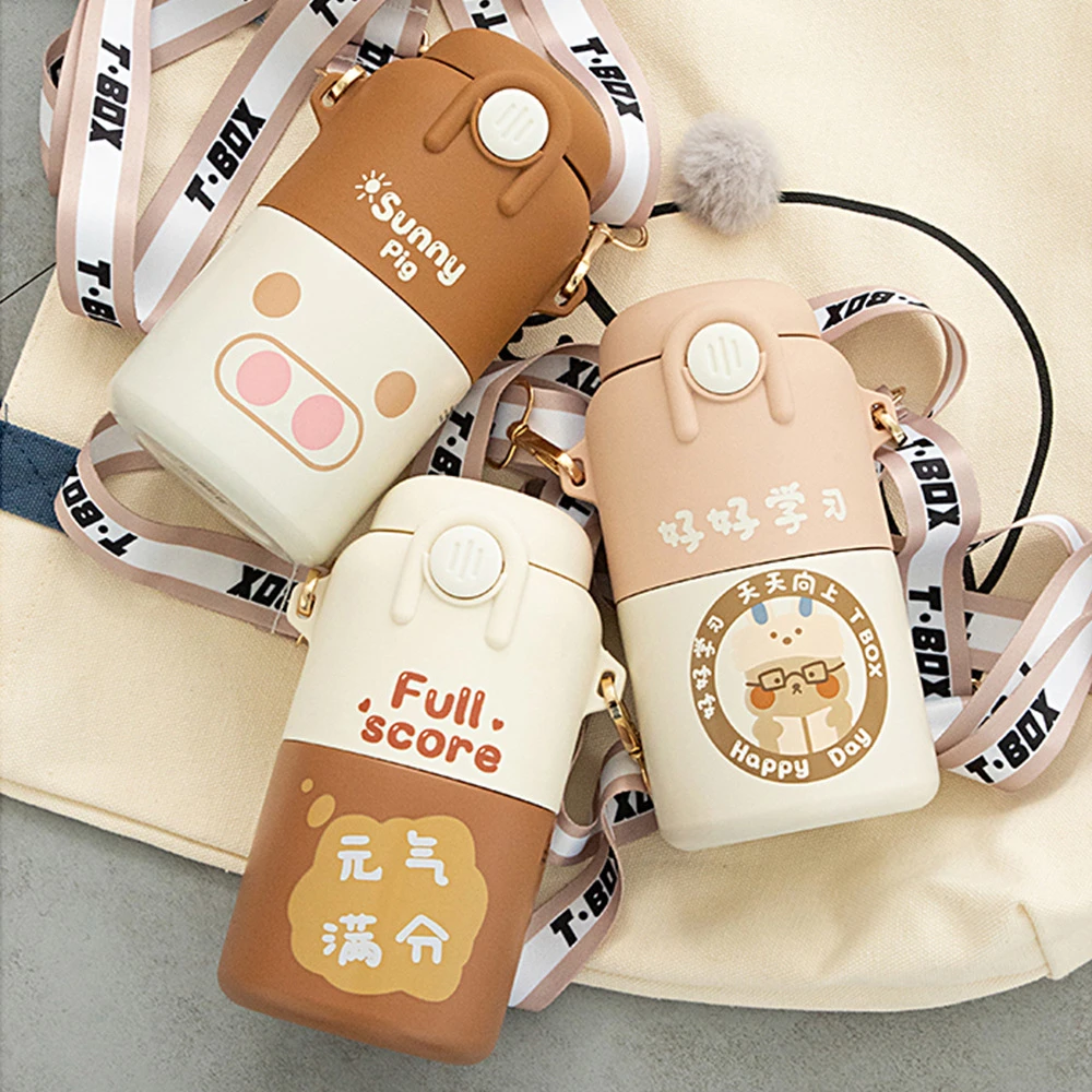 创意可爱保温杯带吸管便携学生水杯斜跨弹盖少女儿童不锈钢杯子