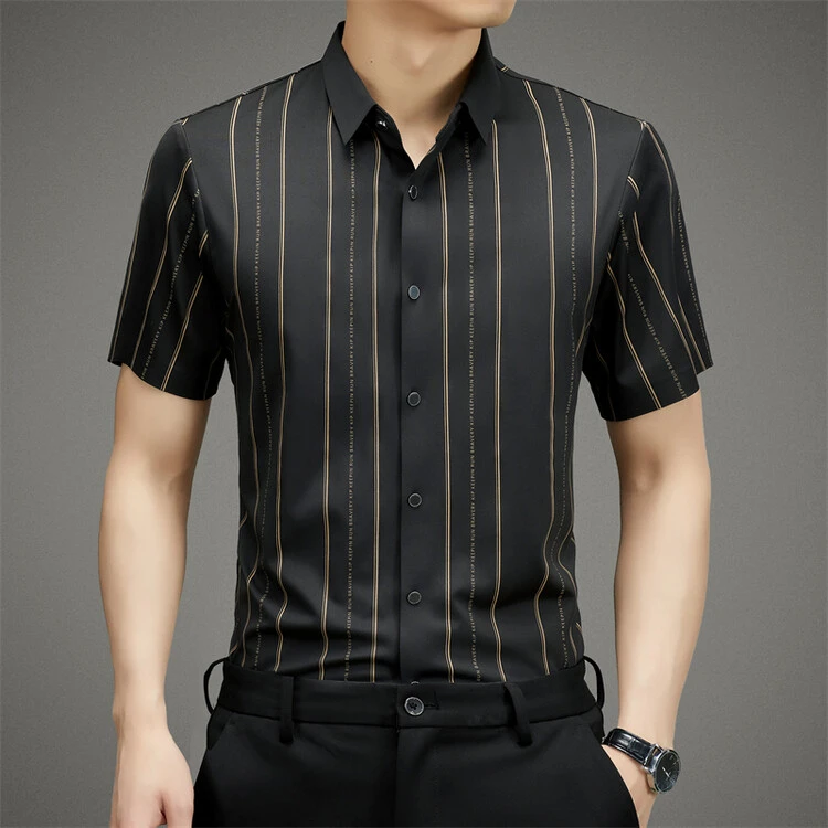 夏季高档薄款轻奢男装短袖夏季无痕衬衫高弹力免熨烫大码条纹上衣