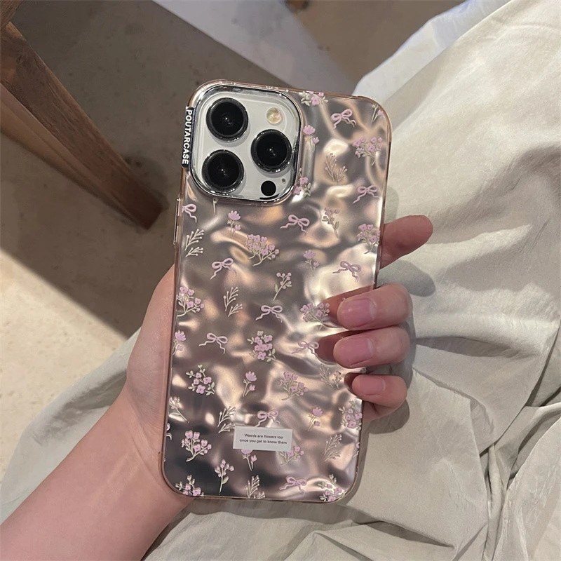 少女心小碎花蝴蝶结苹果15手机壳iPhone13/14promax高级12/11褶皱