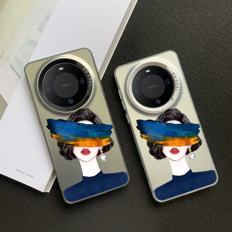 蒙眼女孩华为MATE60Pro手机壳高级mate60防摔60pro彩银磨砂半透女