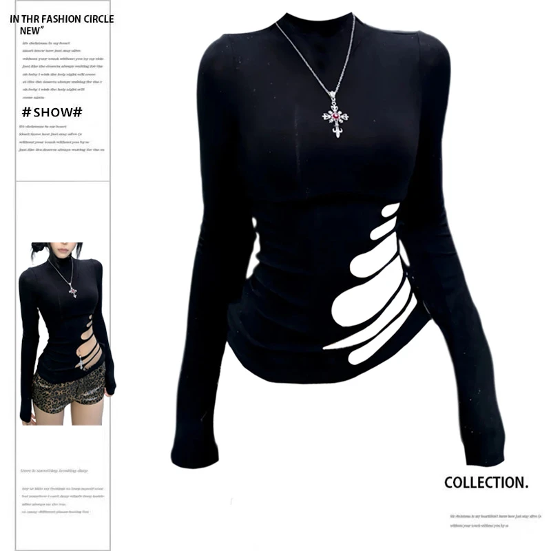 性感辣妹长袖T恤女秋装新款侧腰镂空设计感打底衫显瘦黑色上衣女